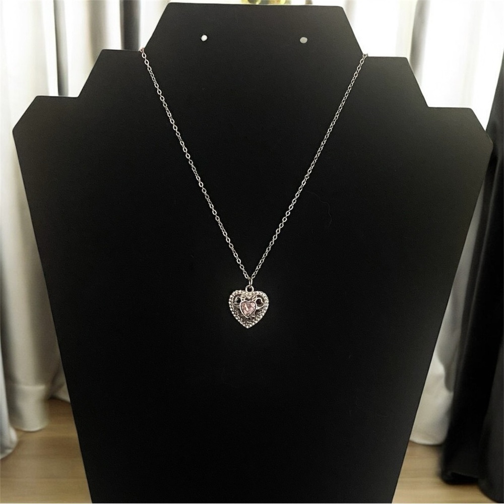 Silver-Tone Heart Pendant Necklace w/ Pink Crystal – 16” + 3” Extender